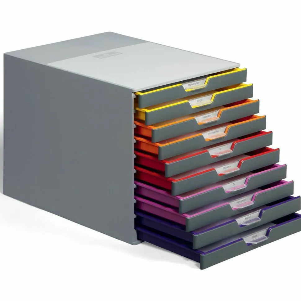 Durable VARICOLOR Stackable Plastic Drawer Box, 10 Drawers, Letter to Folio Size Files, 11" x 14" x 11.5", Gray