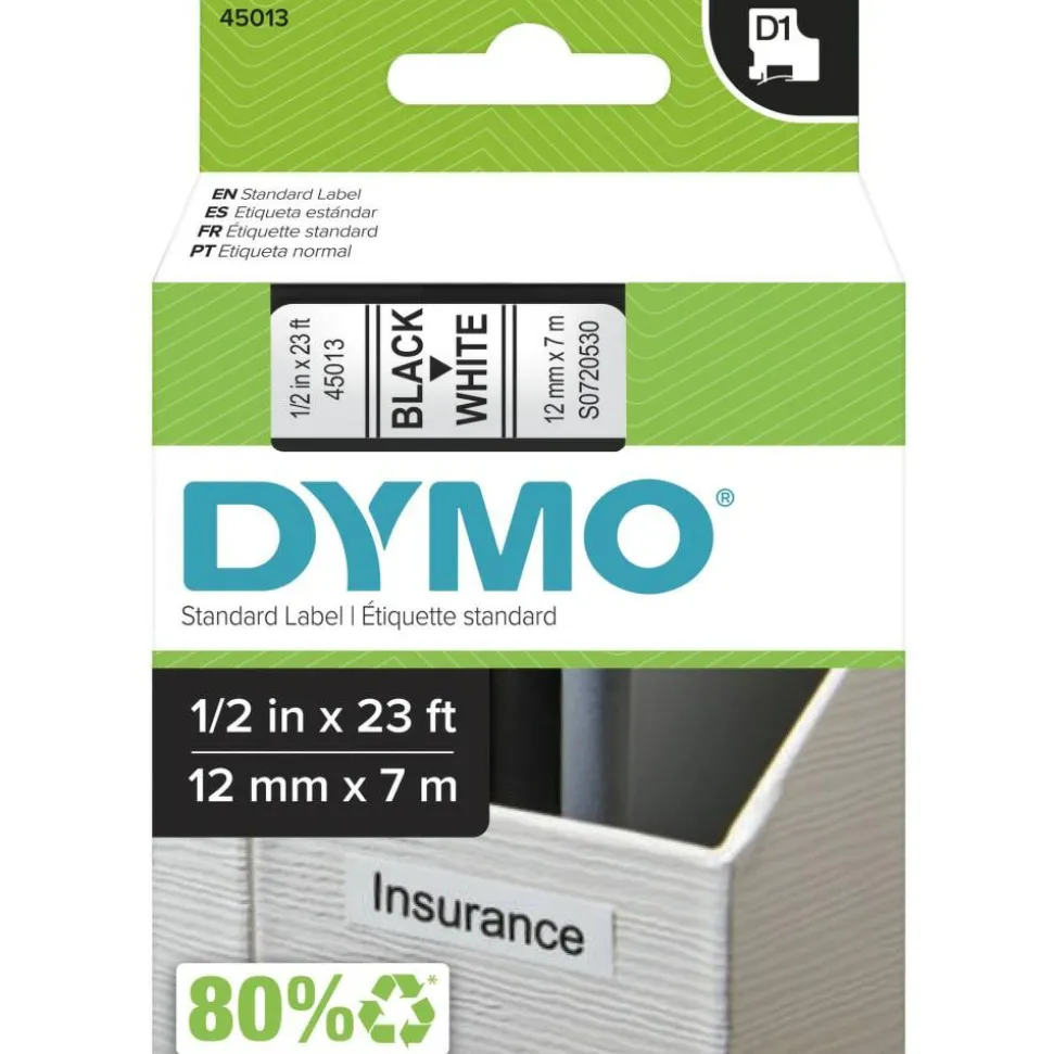 DYMO D1 45013 Black-On-White Tape, 0.5" x 23'