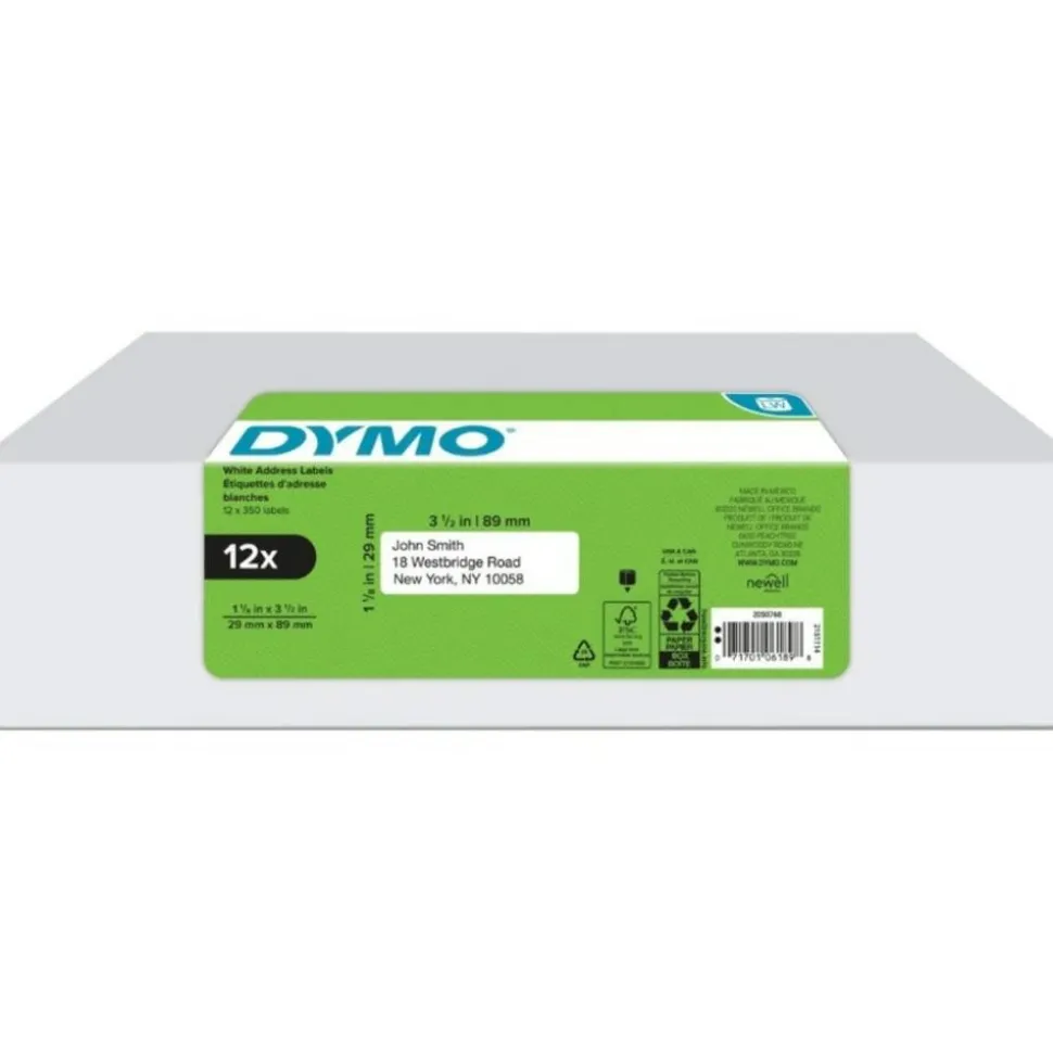 DYMO LabelWriter Address Labels, 1-1/8" x 3-1/2", Rectangle, White, 350 Labels Per Roll, Pack Of 12 Rolls