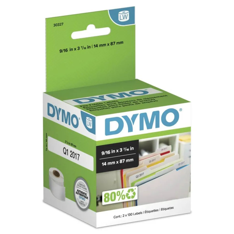 DYMO LabelWriter 1-UP File Folder Labels, 0.56" x 3.43", White, 130 Labels Roll, 2 Rolls/Pack
