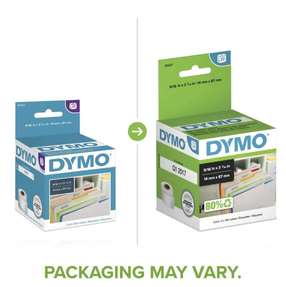 DYMO LabelWriter 1-UP File Folder Labels, 0.56" x 3.43", White, 130 Labels Roll, 2 Rolls/Pack