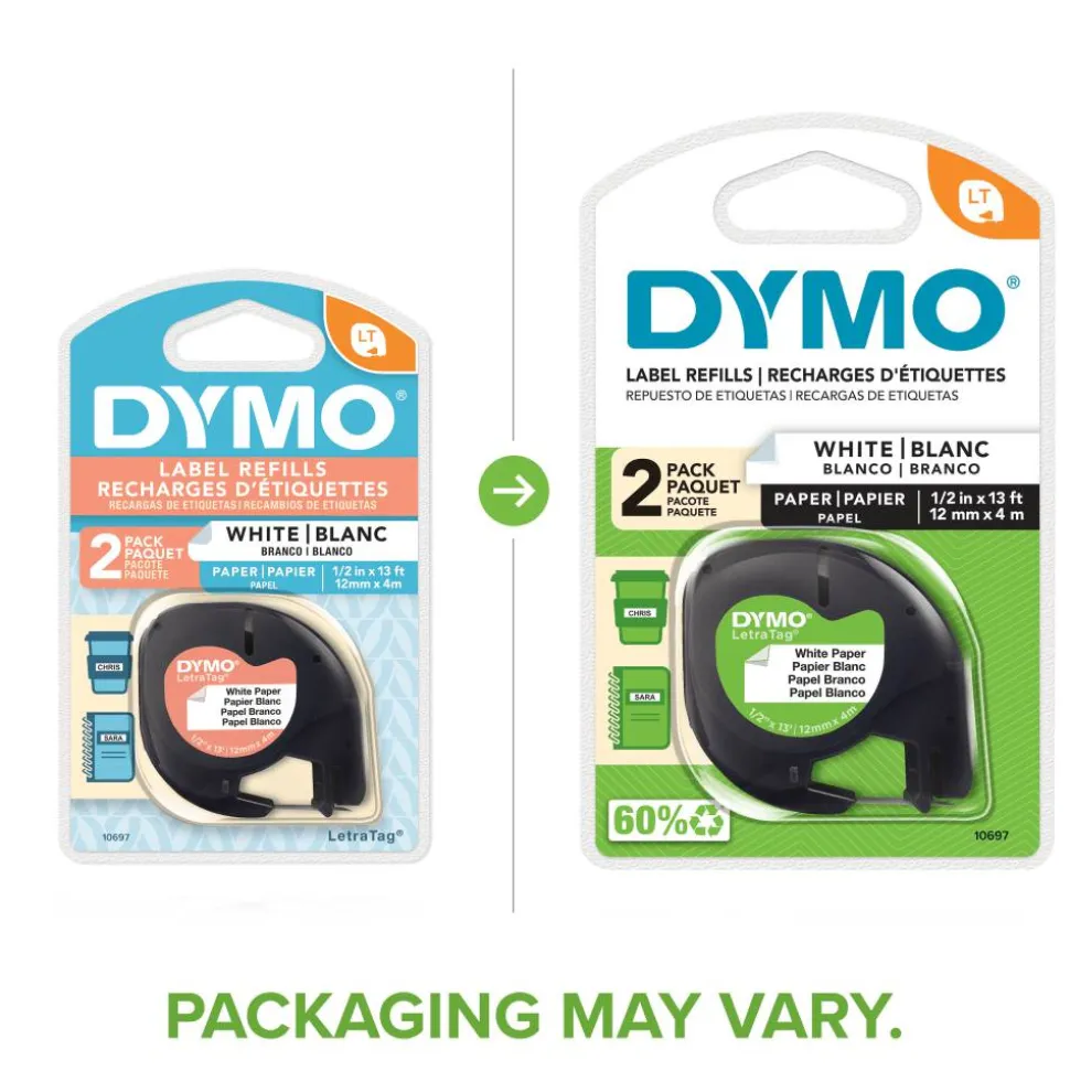 DYMO LT 10697 Black-On-White Tape, 0.5" x 13', Pack Of 2