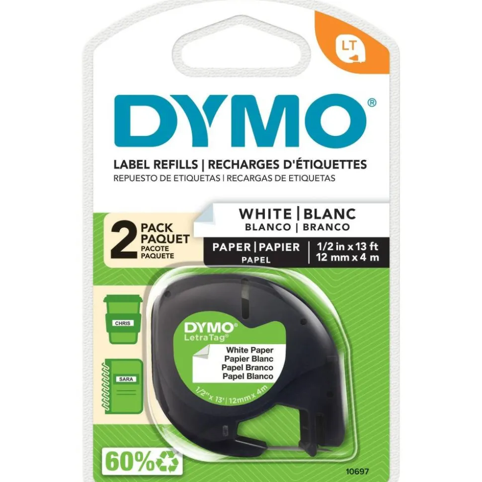 DYMO LT 10697 Black-On-White Tape, 0.5" x 13', Pack Of 2