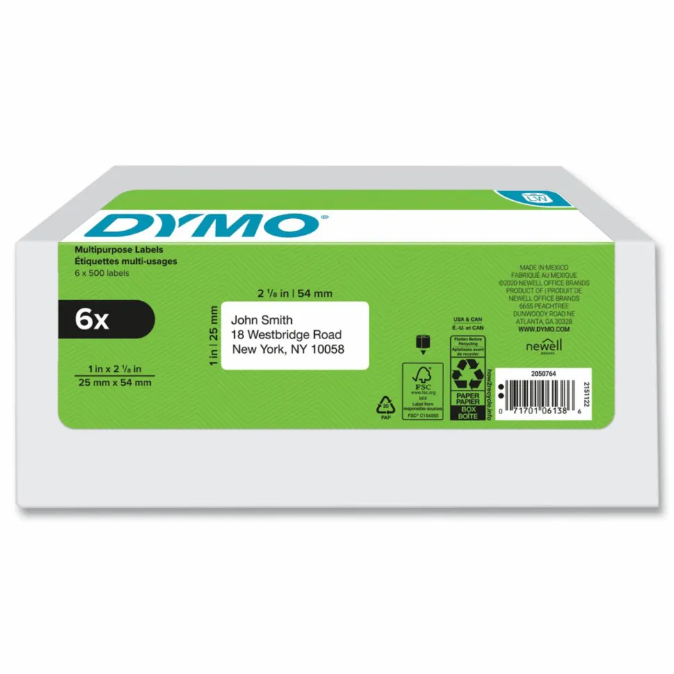 DYMO Multipurpose Labels For LabelWriter Label Printers, 1" x 2 1/8", White, 500 Labels Per Roll, Pack Of 6 Rolls