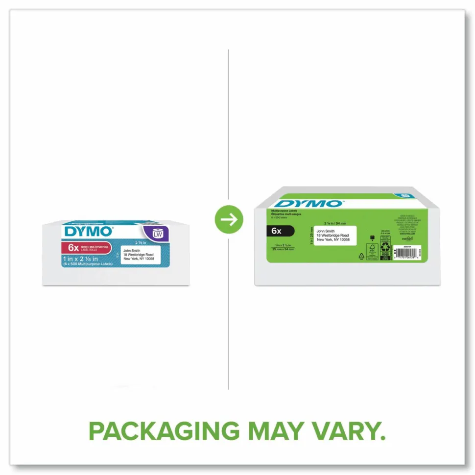 DYMO Multipurpose Labels For LabelWriter Label Printers, 1" x 2 1/8", White, 500 Labels Per Roll, Pack Of 6 Rolls