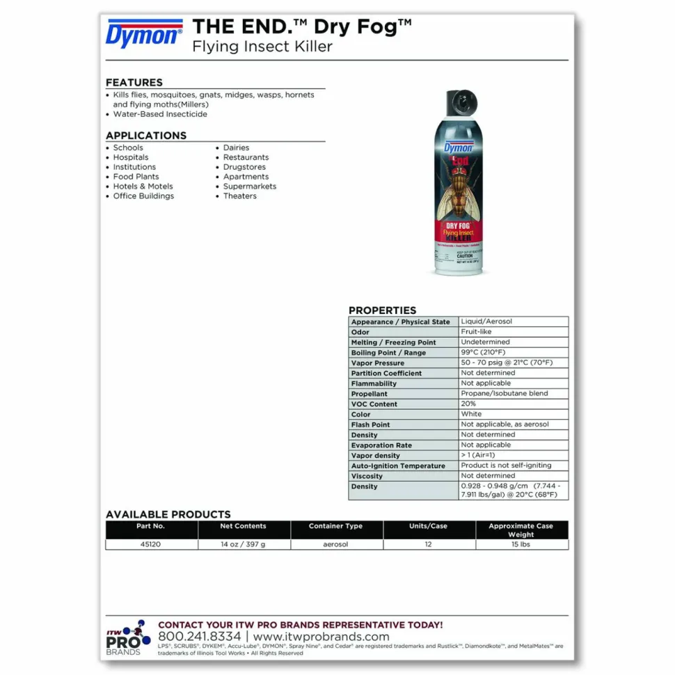 Dymon THE END. Dry Fog Flying Insect Killer, 14 oz Aerosol Spray, 12/Carton