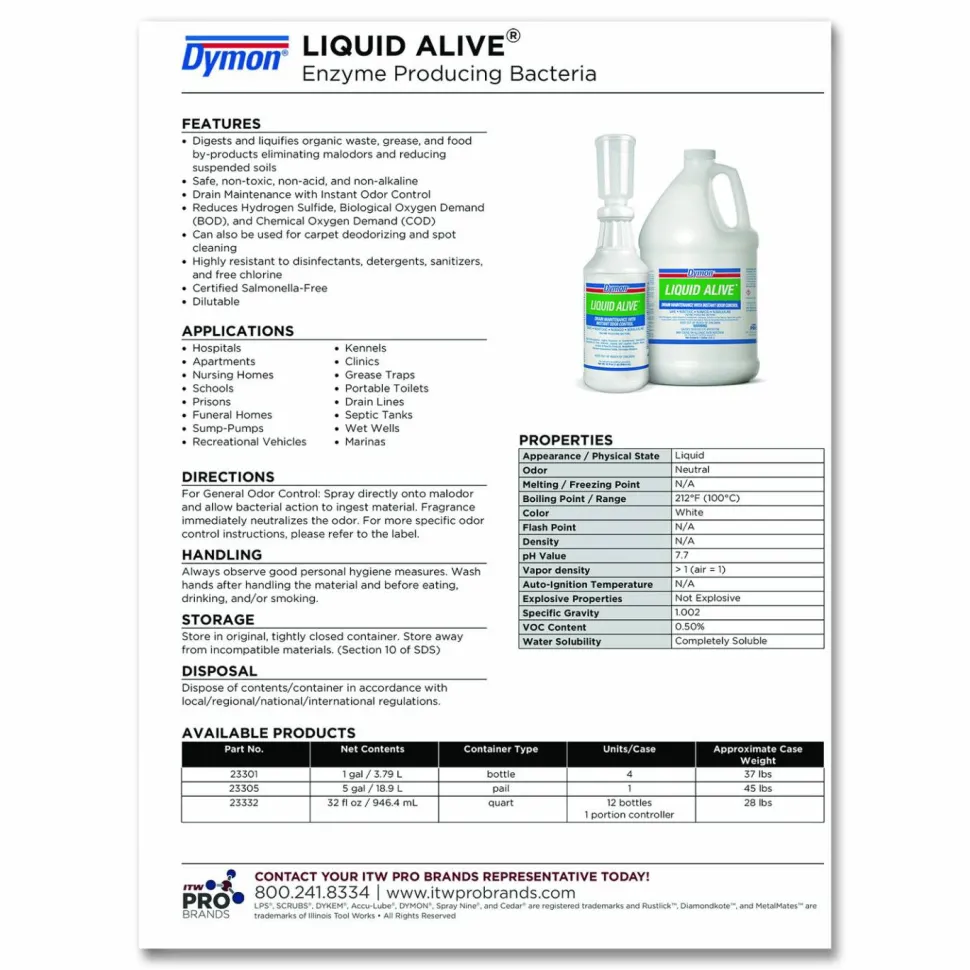 Dymon LIQUID ALIVE Enzyme Producing Bacteria, 1 gal Bottle, 4/Carton