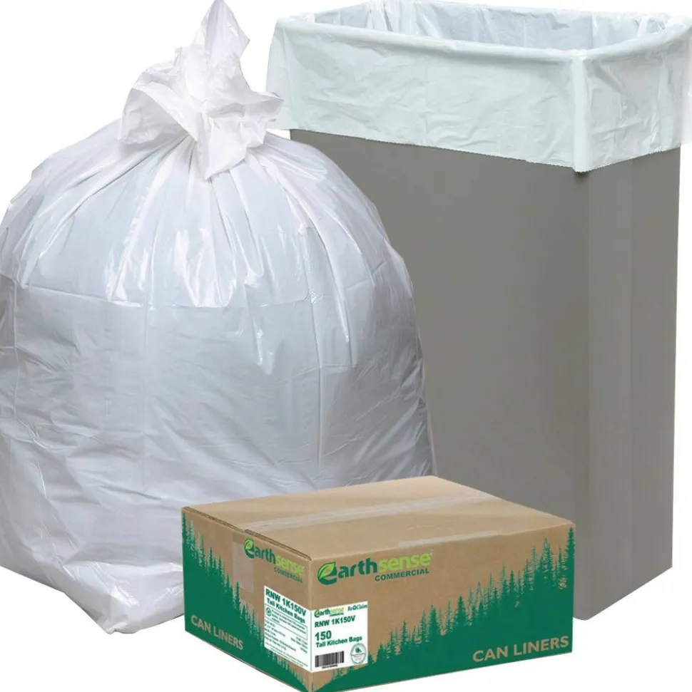 Earthsense Commercial Linear-Low-Density Recycled Tall Kitchen Bags, Open-Face, 13 gal, 24" x 33", White, 15 Bags/Roll, 10 Rolls/Box