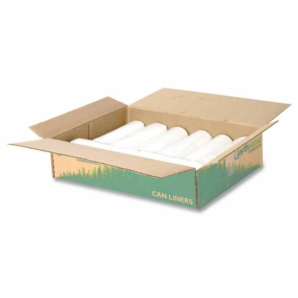 Earthsense Commercial Linear-Low-Density Recycled Tall Kitchen Bags, Open-Face, 13 gal, 24" x 33", White, 15 Bags/Roll, 10 Rolls/Box