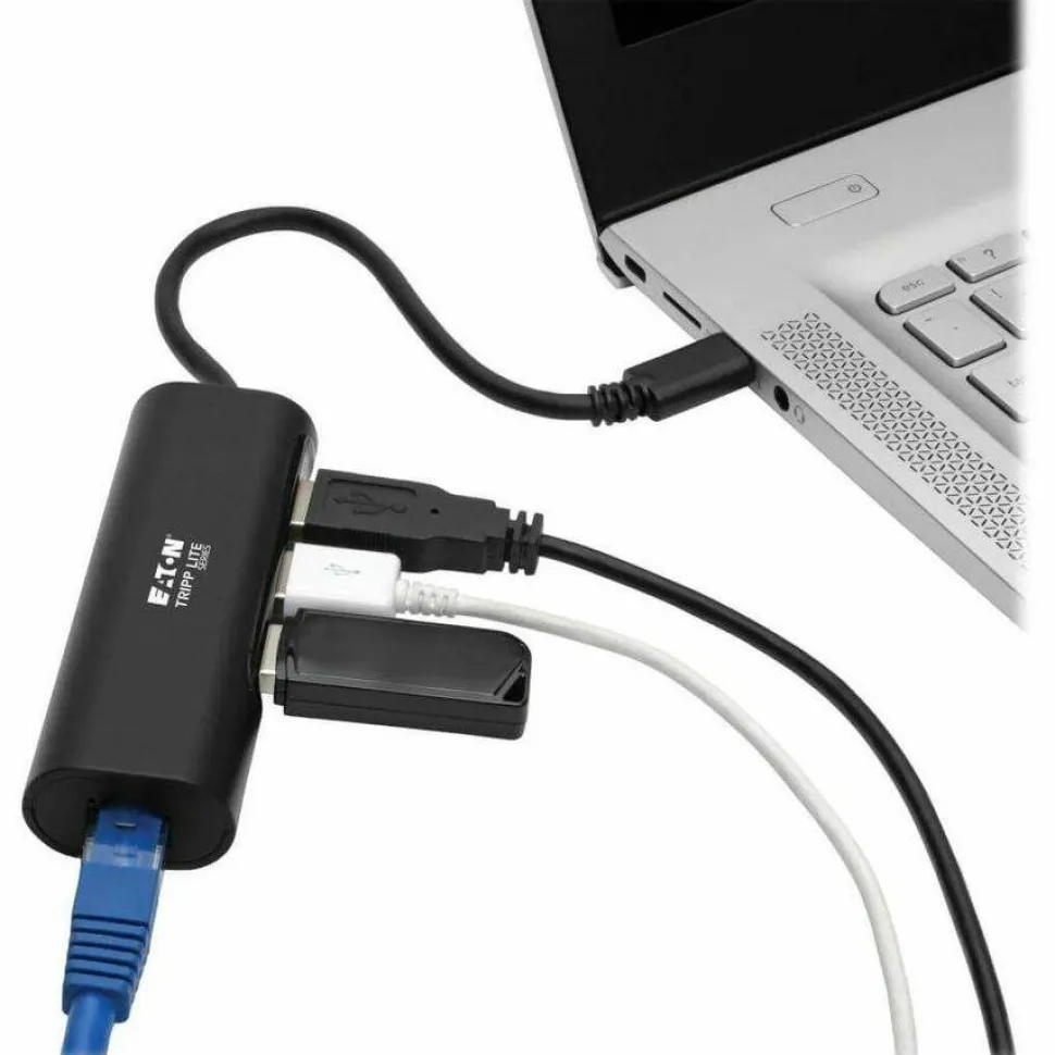 Eaton Tripp Lite Series 3-Port USB 3.x (5Gbps) Hub with LAN Port, USB-C to 3x USB-A Ports and Gigabit Ethernet, Black