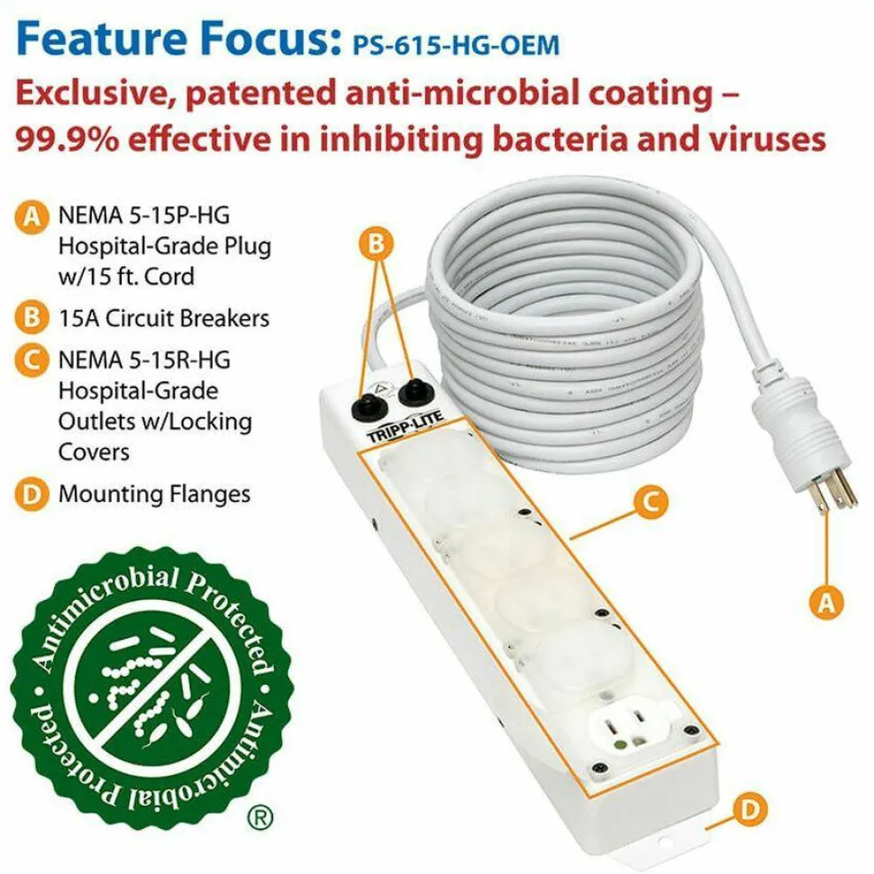Eaton Tripp Lite Series Safe-IT UL 1363A Medical-Grade Power Strip for Patient-Care Vicinity, 6x15A Hospital-Grade Outlets, Safety Covers, 15 ft. Cord
