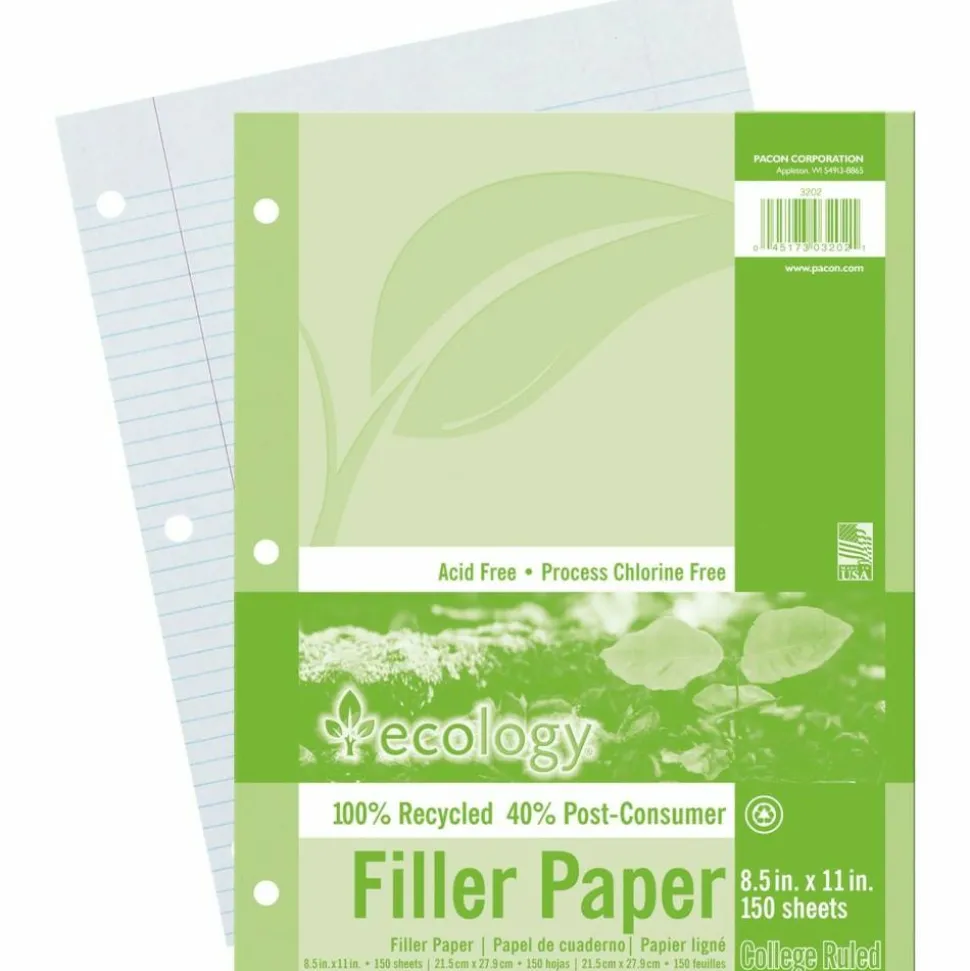 Ecology College-Lined Filler Paper, Letter Size Paper, White, Pack Of 150 Sheets