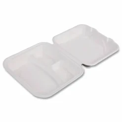 Eco-Products Vanguard Renewable and Sugarcane Clamshells, 3 Compartments, 9 x 9 x 3, White, 200/Carton