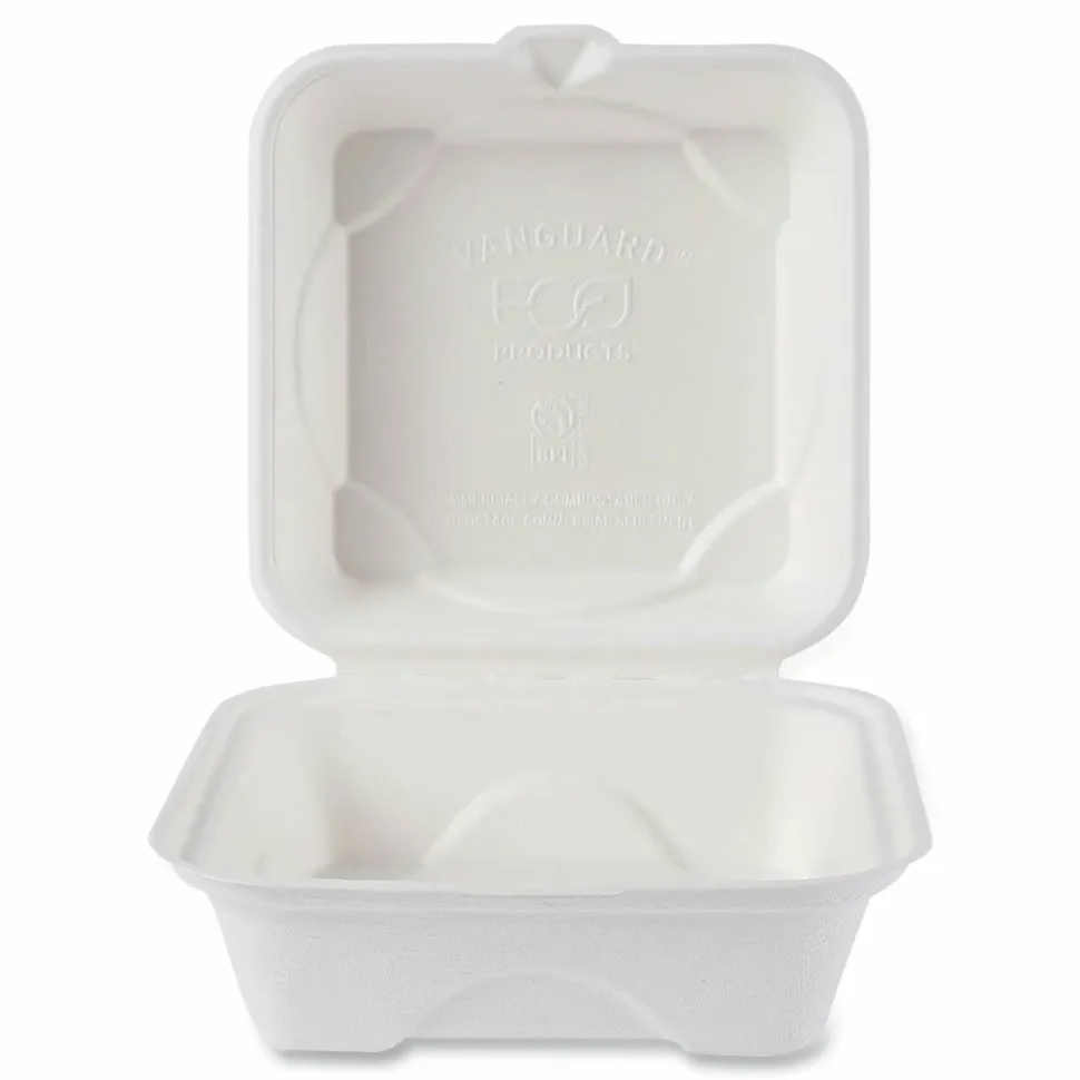 Eco-Products Vanguard Renewable and Sugarcane Clamshells, 6 x 6 x 3, White, 500/Carton