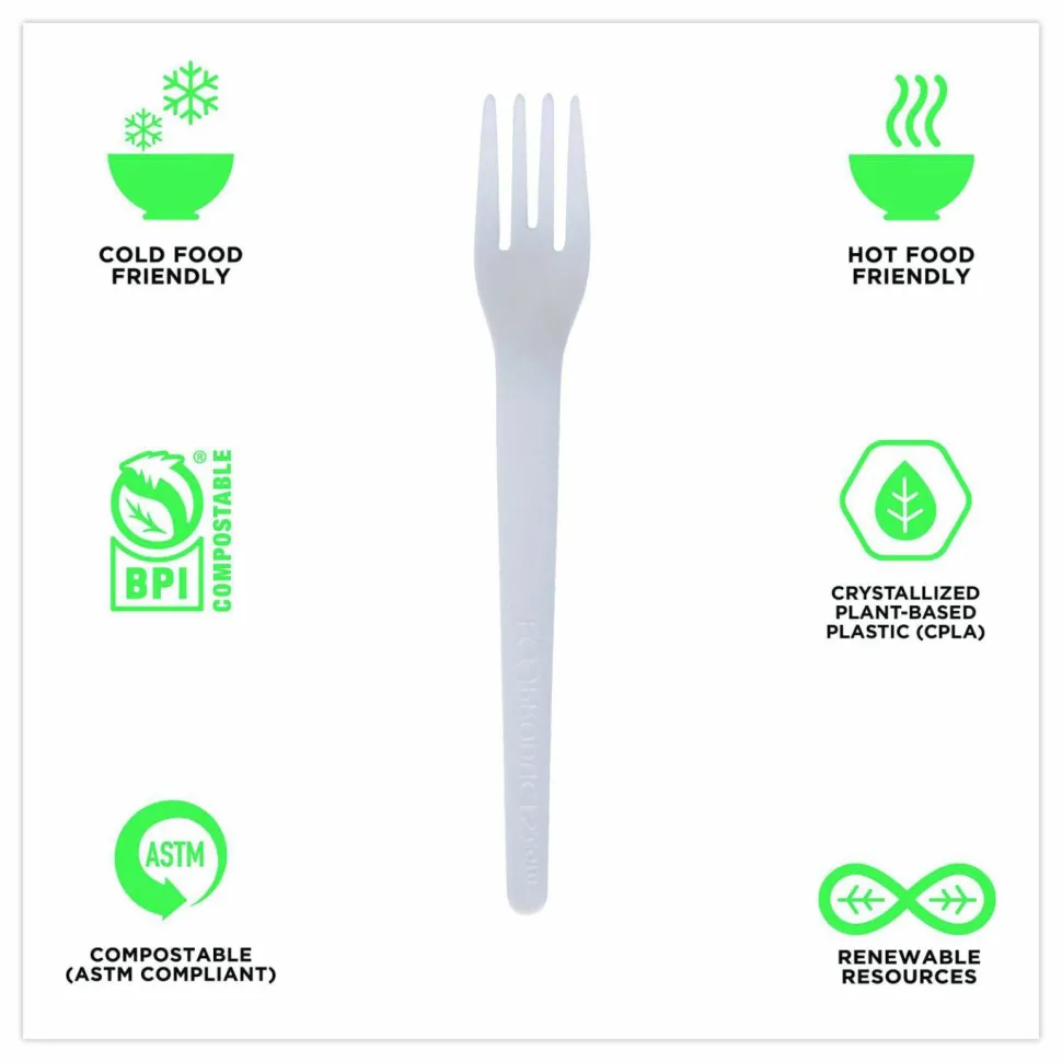 Eco-Products Plantware Cutlery, Fork, Plastic, White, 1,000/Carton