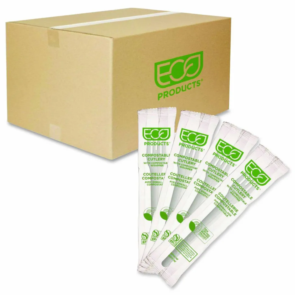 Eco-Products Plantware Cutlery, Fork, Plastic, White, 1,000/Carton