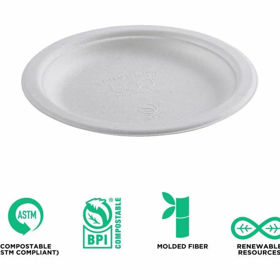 Eco-Products Vanguard Renewable and Sugarcane Plates, 6" dia, White, 1,000/Carton