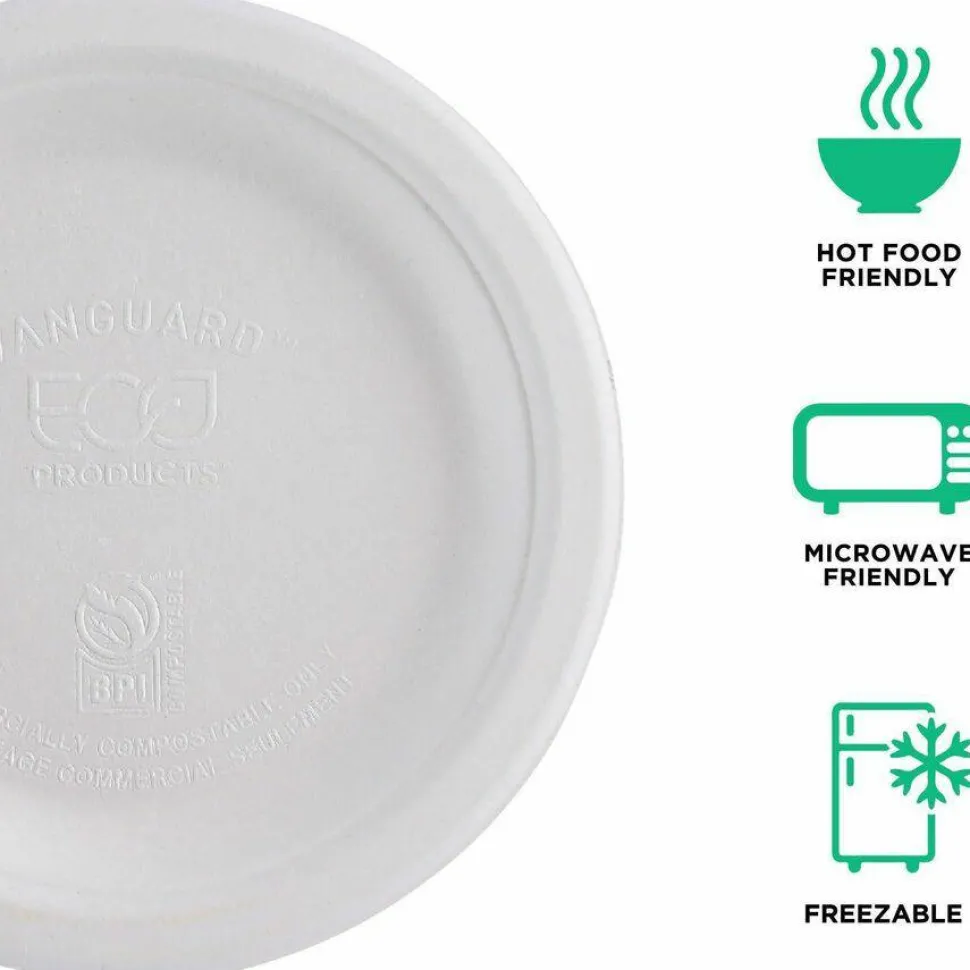 Eco-Products Vanguard Renewable and Sugarcane Plates, 6" dia, White, 1,000/Carton