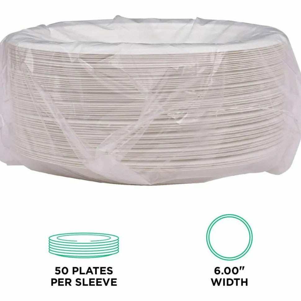 Eco-Products Vanguard Renewable and Sugarcane Plates, 6" dia, White, 1,000/Carton