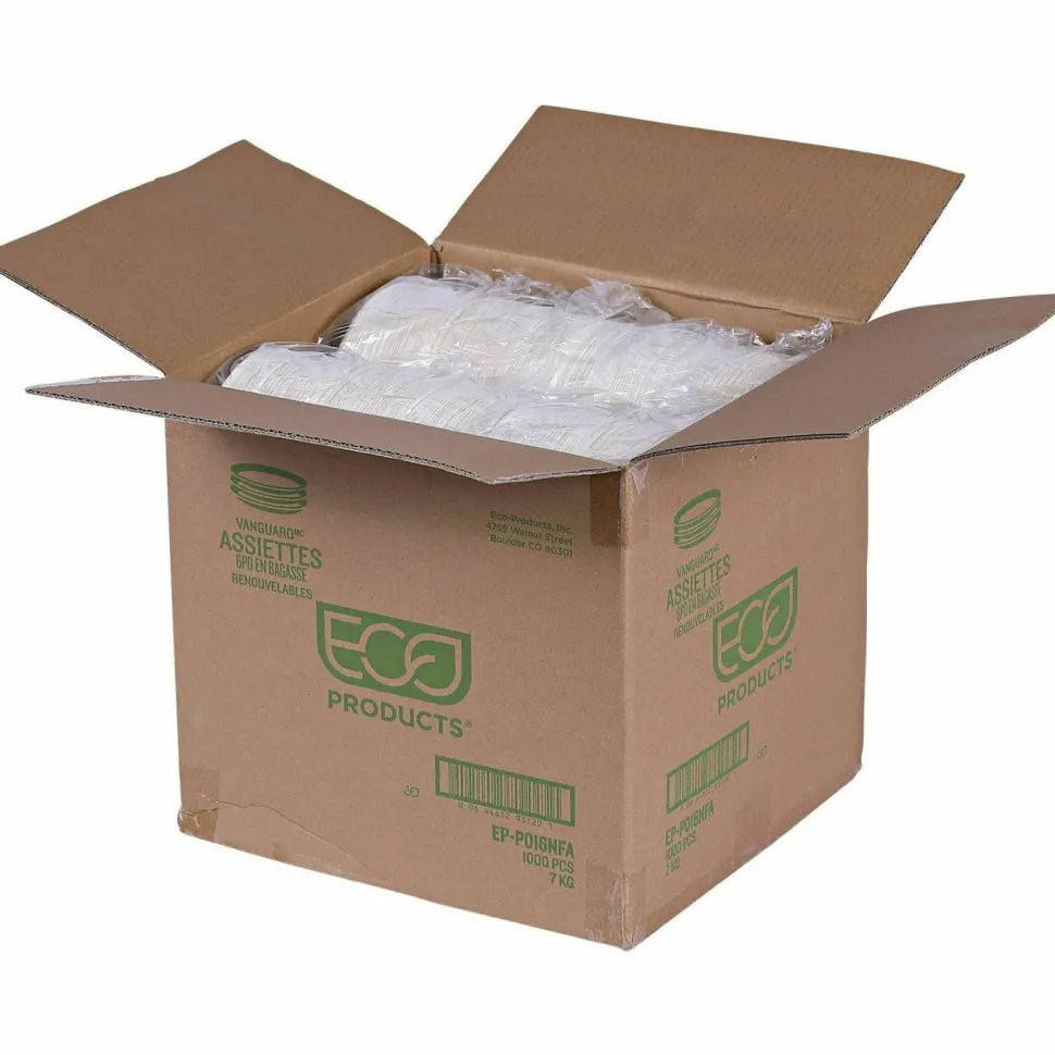 Eco-Products Vanguard Renewable and Sugarcane Plates, 6" dia, White, 1,000/Carton