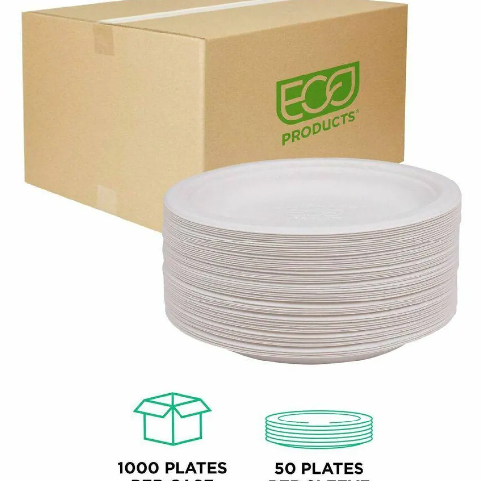 Eco-Products Vanguard Renewable and Sugarcane Plates, 6" dia, White, 1,000/Carton