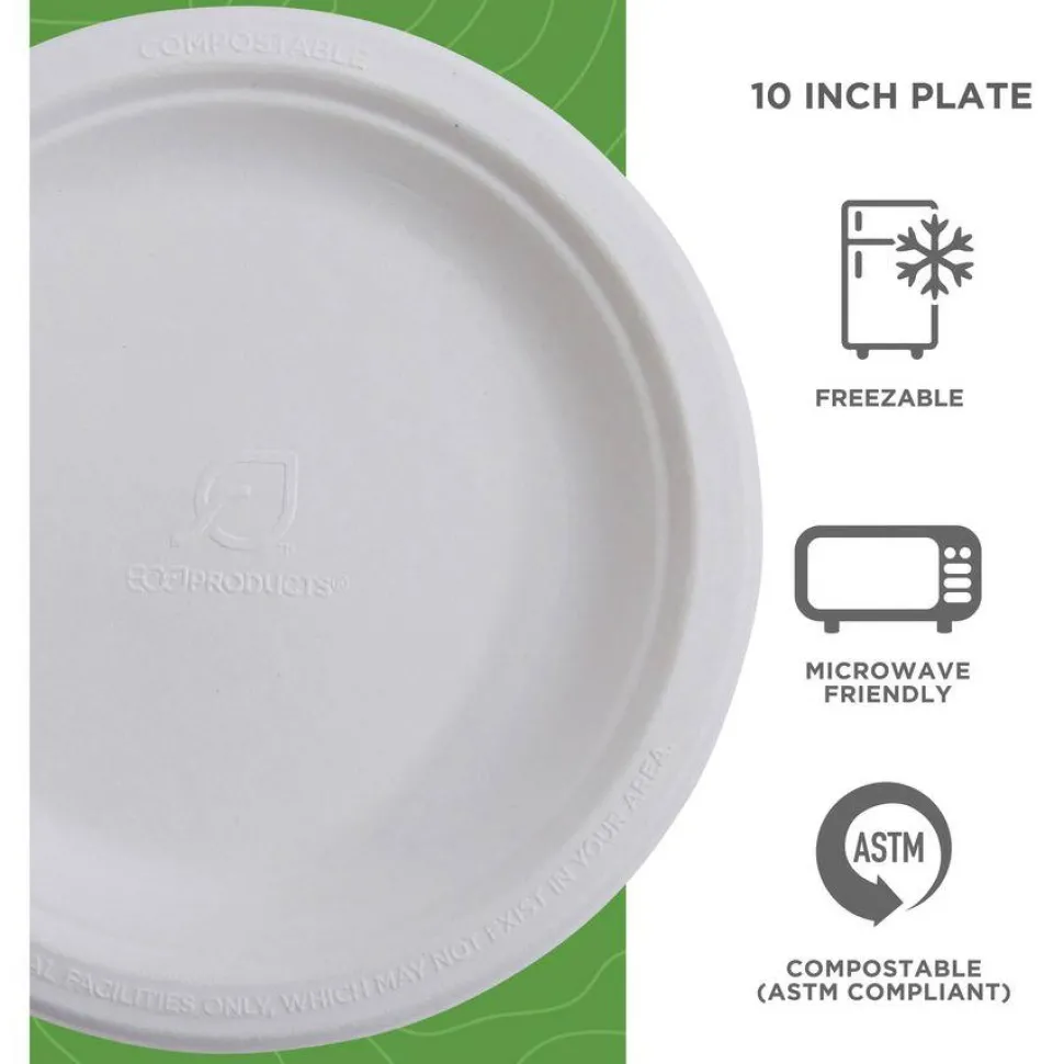Eco-Products Vanguard Renewable and Sugarcane Plates, 10" dia, White, 500/Carton