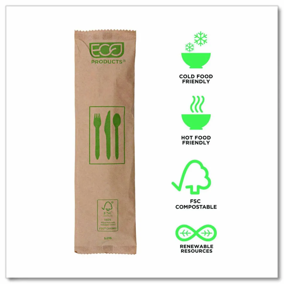 Eco-Products Wood Cutlery, General Purpose, Fork/Knife/Napkin/Spoon, Natural, 500/Carton