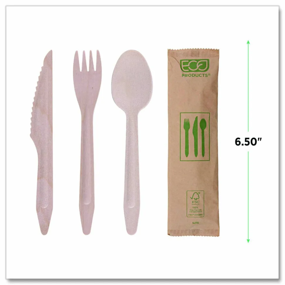 Eco-Products Wood Cutlery, General Purpose, Fork/Knife/Napkin/Spoon, Natural, 500/Carton