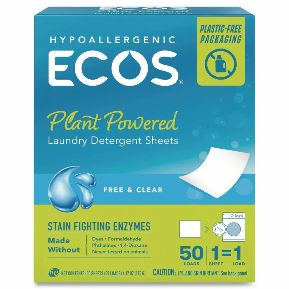 ECOS Liquidless Laundry Detergent Sheets, Free and Clear, 50 Sheets/Box