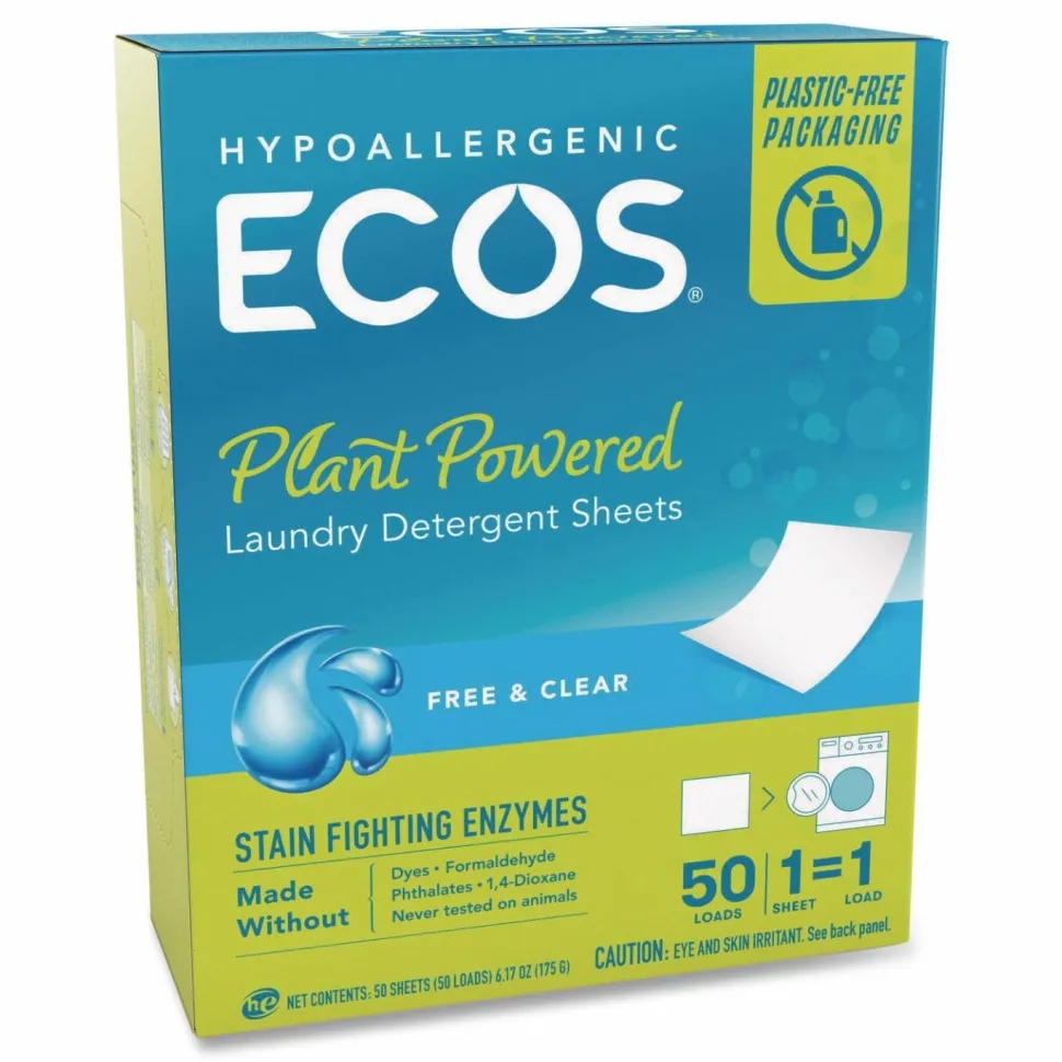 ECOS Liquidless Laundry Detergent Sheets, Free and Clear, 50 Sheets/Box