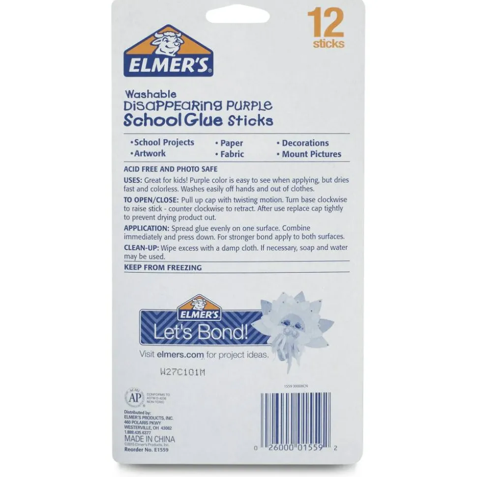 Elmer's Disappearing Glue Sticks, 0.21 Oz, Purple, Pack Of 12
