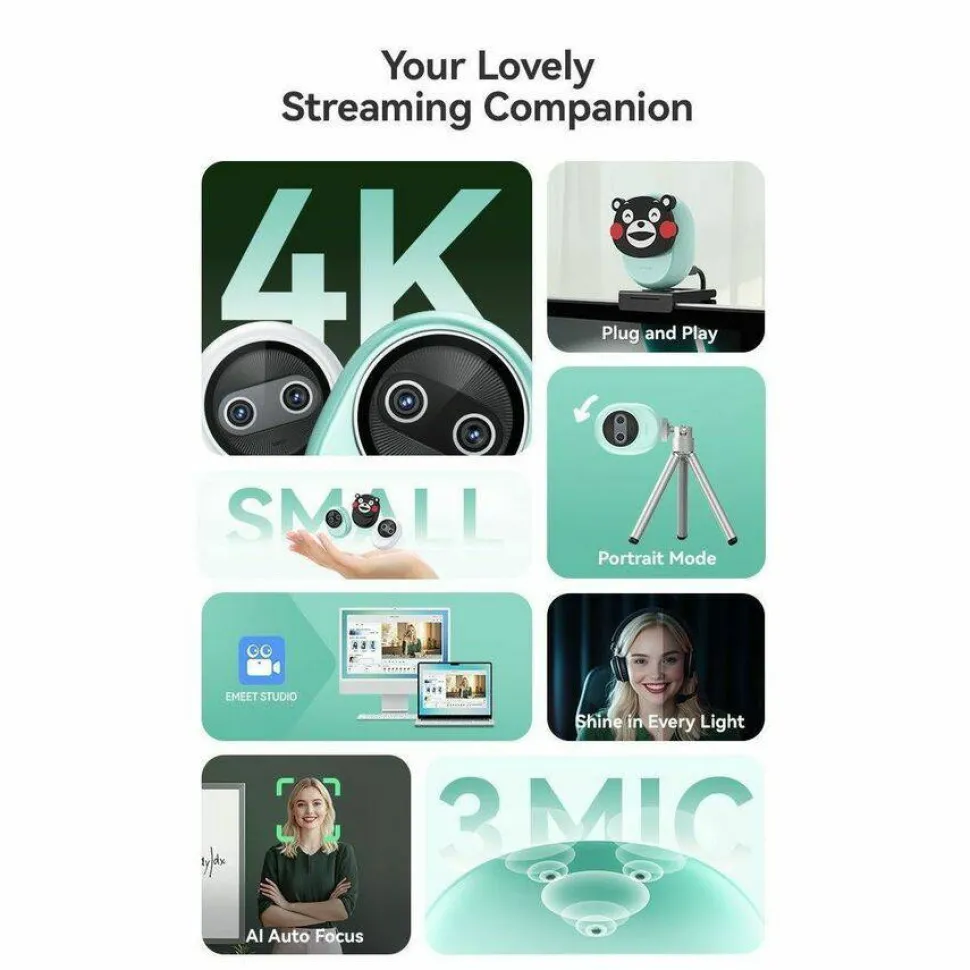 EMEET Piko (White) - Dual-lens Webcam with one 4K Image Collection Lens and one AI Assist Lens, Boosting color accuracy, face recognition, and ultra-fast focus. 3 MEMS Mics power 3 Voice Modes for Meeting or Streaming/recording with wider audio frequencie