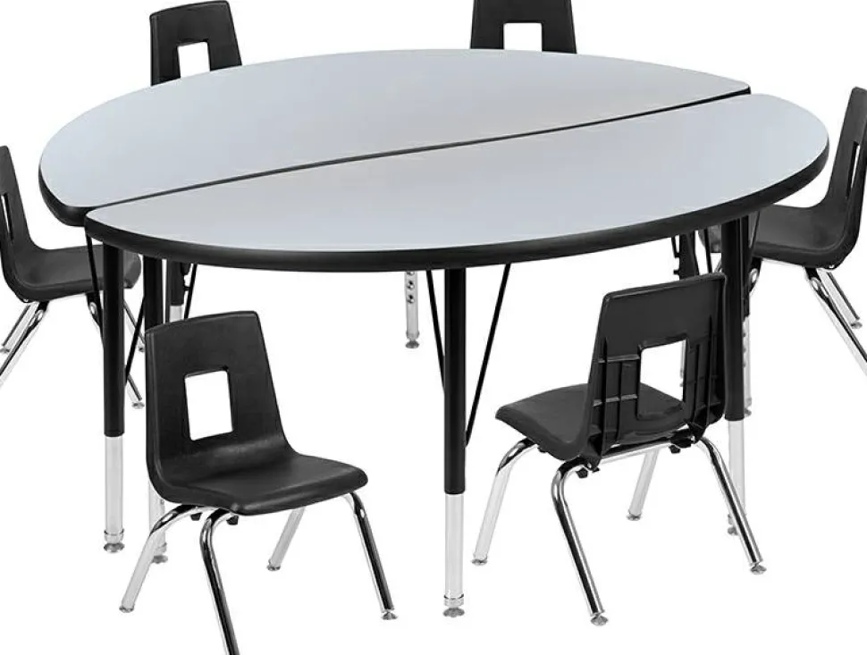 Emmy 47.5" Circle Wave Flexible Laminate Activity Table Set with 12" Student Stack Chairs, Oak/Black