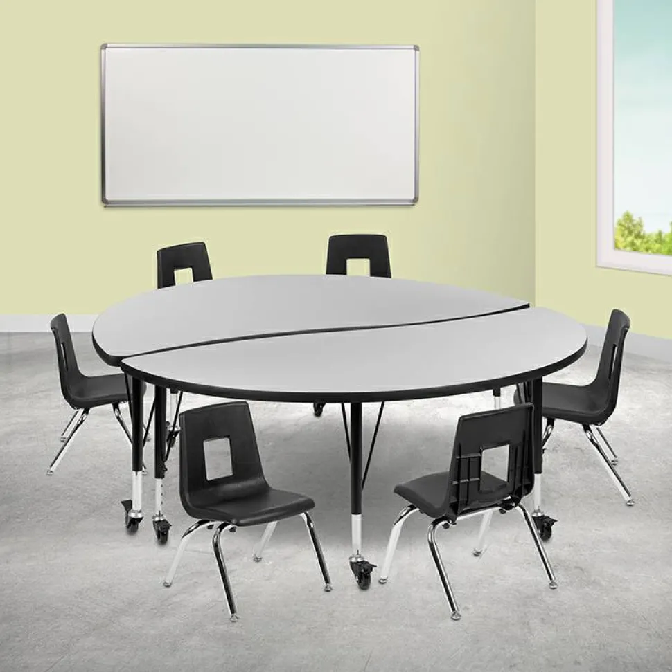 Emmy Mobile 60" Circle Wave Flexible Laminate Activity Table Set with 12" Student Stack Chairs, Oak/Black