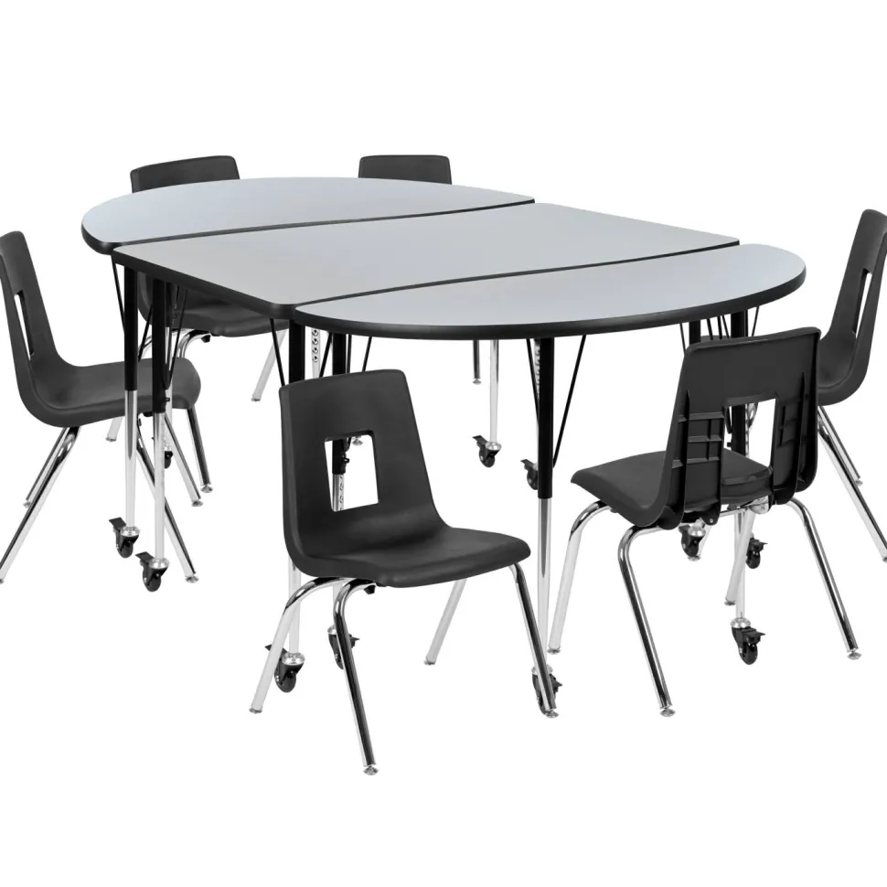Emmy Mobile 76" Oval Wave Flexible Laminate Activity Table Set with 16" Student Stack Chairs, Grey/Black