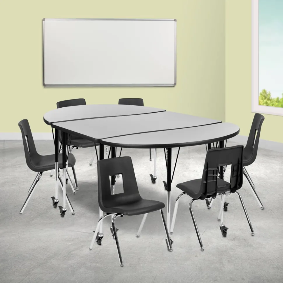 Emmy Mobile 76" Oval Wave Flexible Laminate Activity Table Set with 16" Student Stack Chairs, Grey/Black