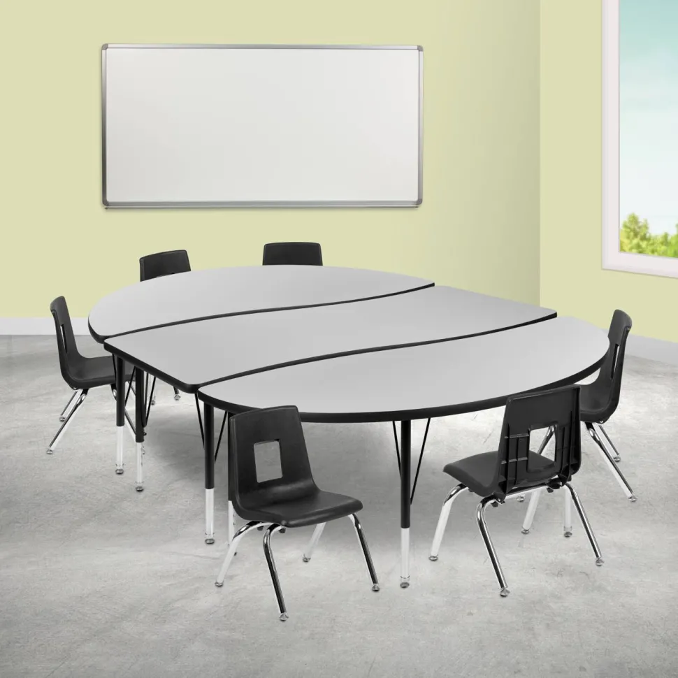 Emmy 86" Oval Wave Flexible Laminate Activity Table Set with 12" Student Stack Chairs, Grey/Black