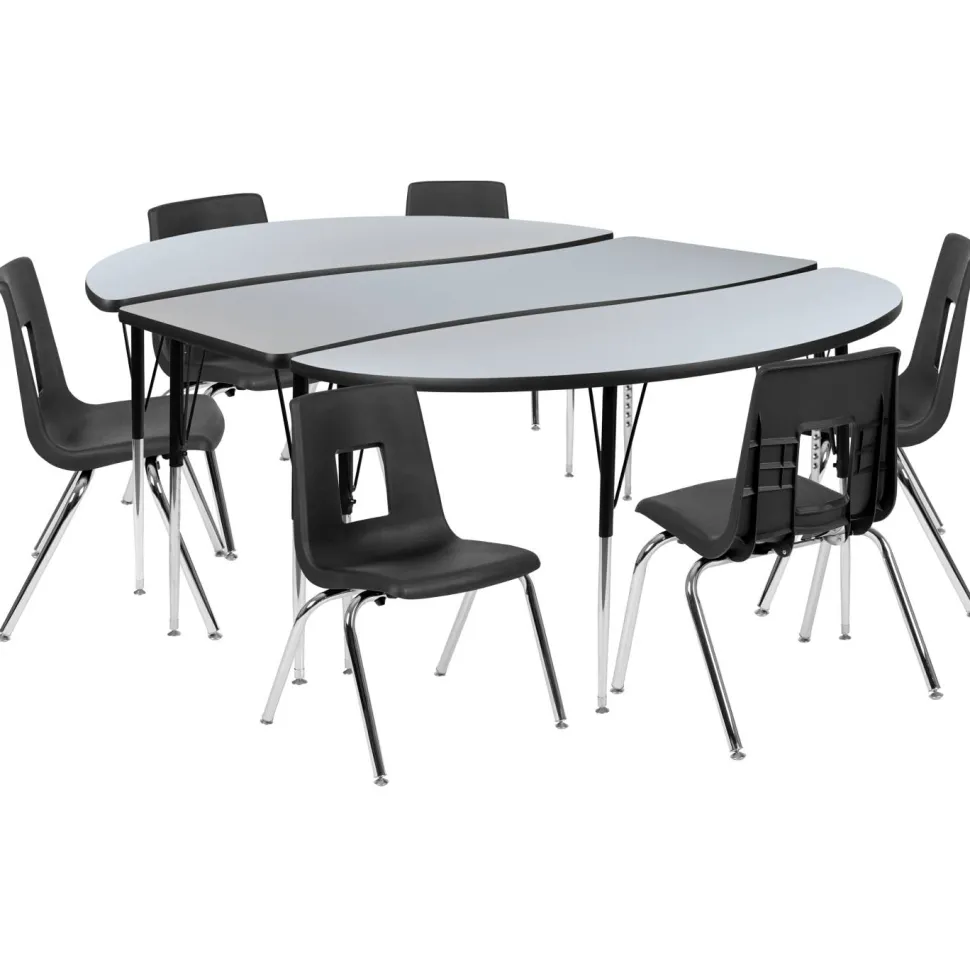 Emmy 86" Oval Wave Flexible Laminate Activity Table Set with 16" Student Stack Chairs, Grey/Black