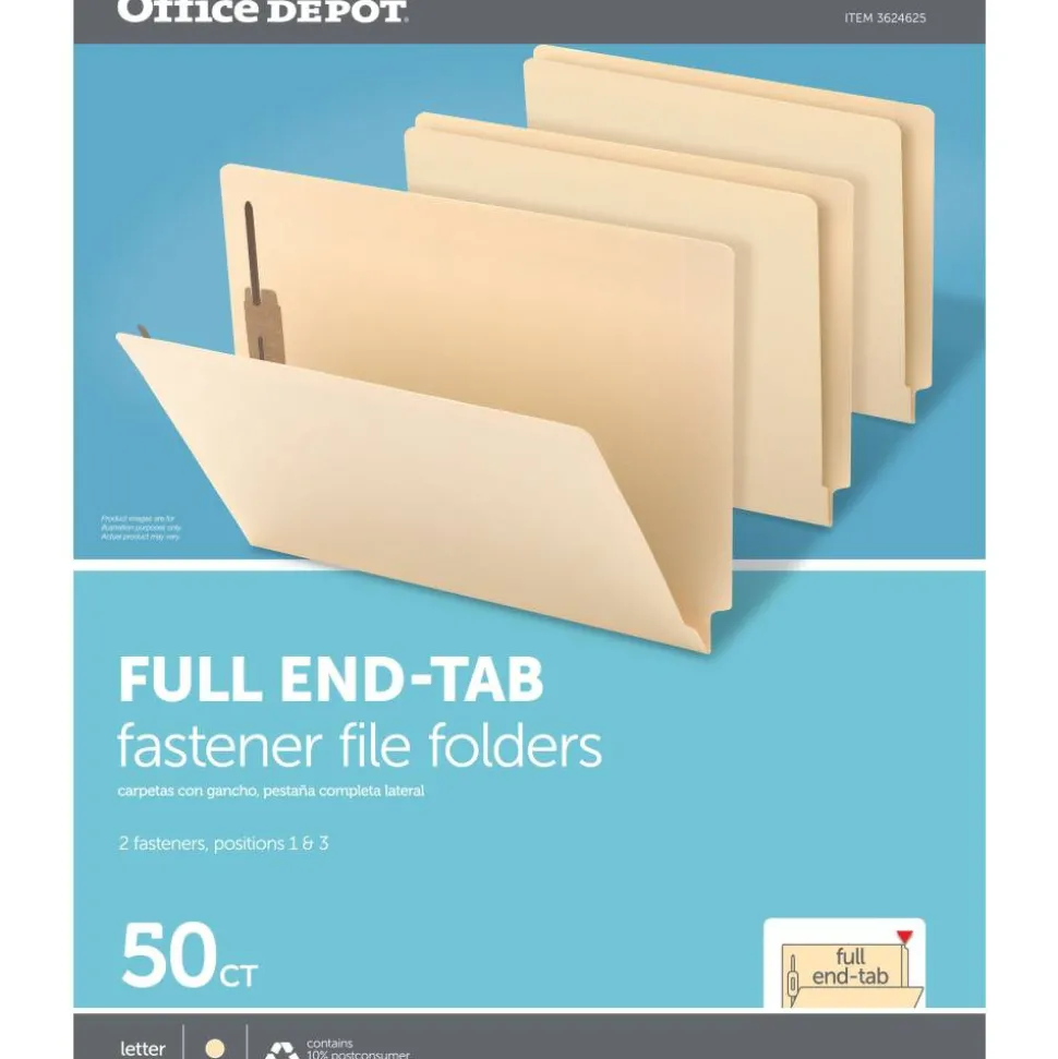 End Tab Fastener Folders, 2 Bonded Fasteners, Straight-Cut Tabs, Letter Size, Manila, Box Of 50