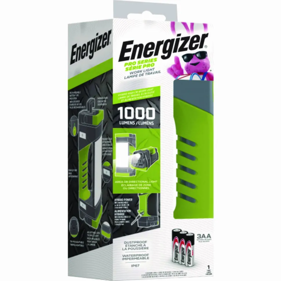 Energizer Pro Series Work Light, Rechargeable Lithium Ion Battery/3 AA Batteries (Included), Gray/Green