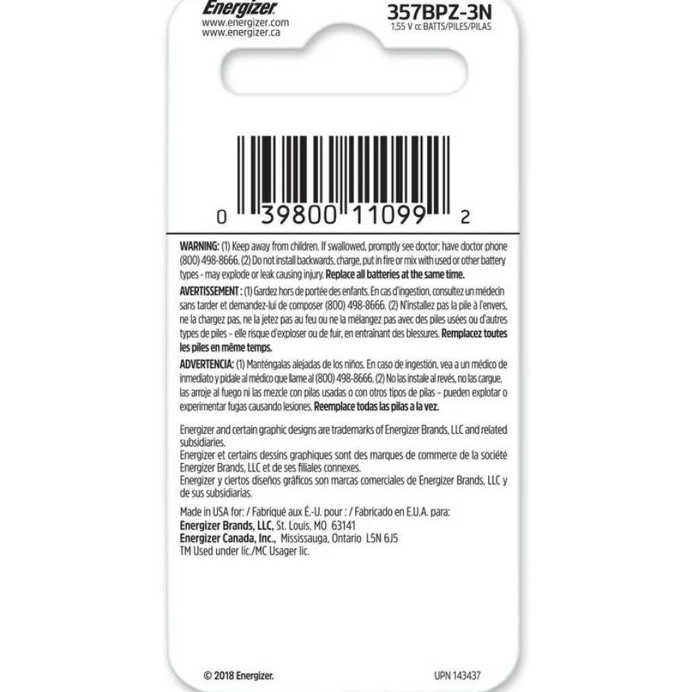 Energizer 357/303 Silver Oxide Button Battery, 3 Pack