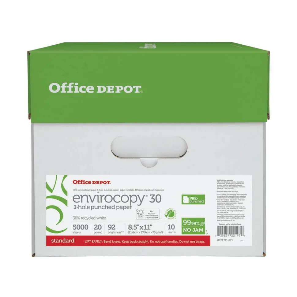 EnviroCopy 3-Hole Punched Copy Paper, White, Letter (8.5" x 11"), 5000 Sheets Per Case, 20 Lb, 30% Recycled, FSC Certified