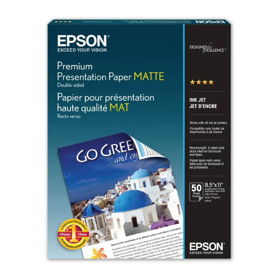 Epson Double-Sided Premium Presentation And Photo Paper, Letter Size (8 1/2" x 11"), Pack Of 50 Sheets, 47 Lb, Matte White