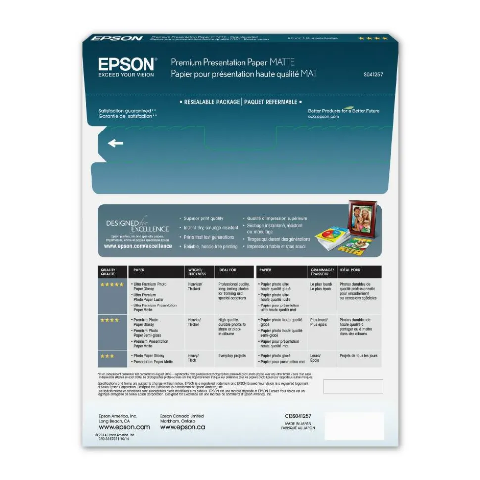 Epson Double-Sided Premium Presentation And Photo Paper, Letter Size (8 1/2" x 11"), Pack Of 50 Sheets, 47 Lb, Matte White