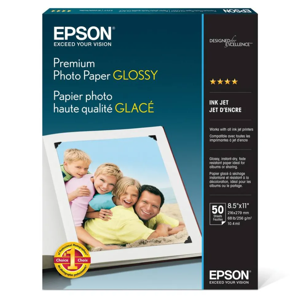 Epson Premium Glossy Photo Paper, Letter Size (8 1/2" x 11"), Pack Of 50 Sheets