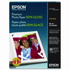 Epson Premium Photo Paper, 10.4 mil, 8.5 x 11, Semi-Gloss White, 20/Pack