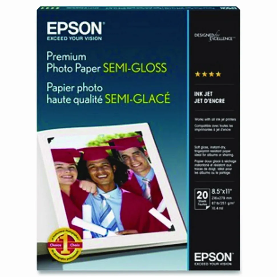 Epson Premium Photo Paper, 10.4 mil, 8.5 x 11, Semi-Gloss White, 20/Pack