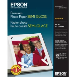 Epson Premium Photo Paper, 10.4 mil, 8.5 x 11, Semi-Gloss White, 20/Pack