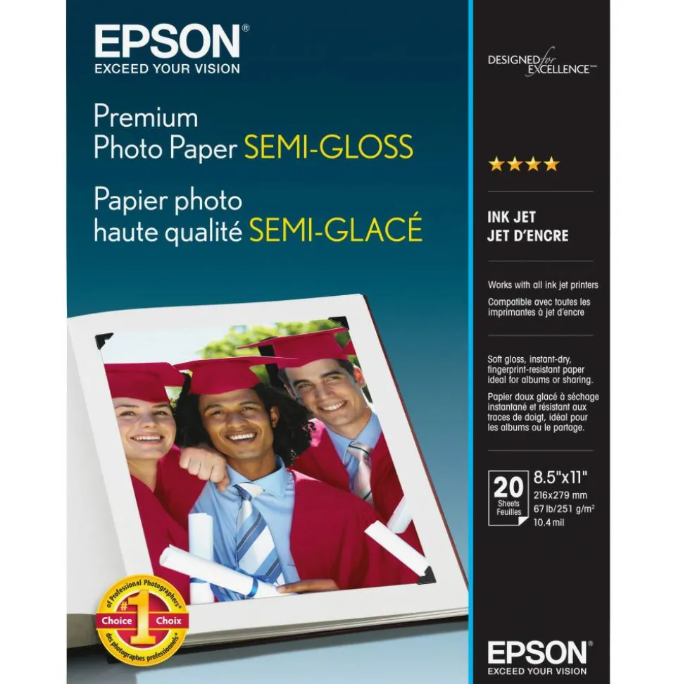 Epson Premium Photo Paper, 10.4 mil, 8.5 x 11, Semi-Gloss White, 20/Pack