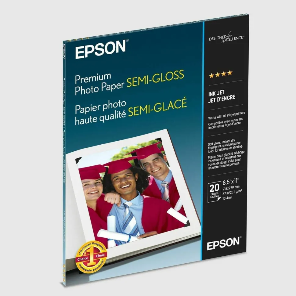 Epson Premium Photo Paper, 10.4 mil, 8.5 x 11, Semi-Gloss White, 20/Pack